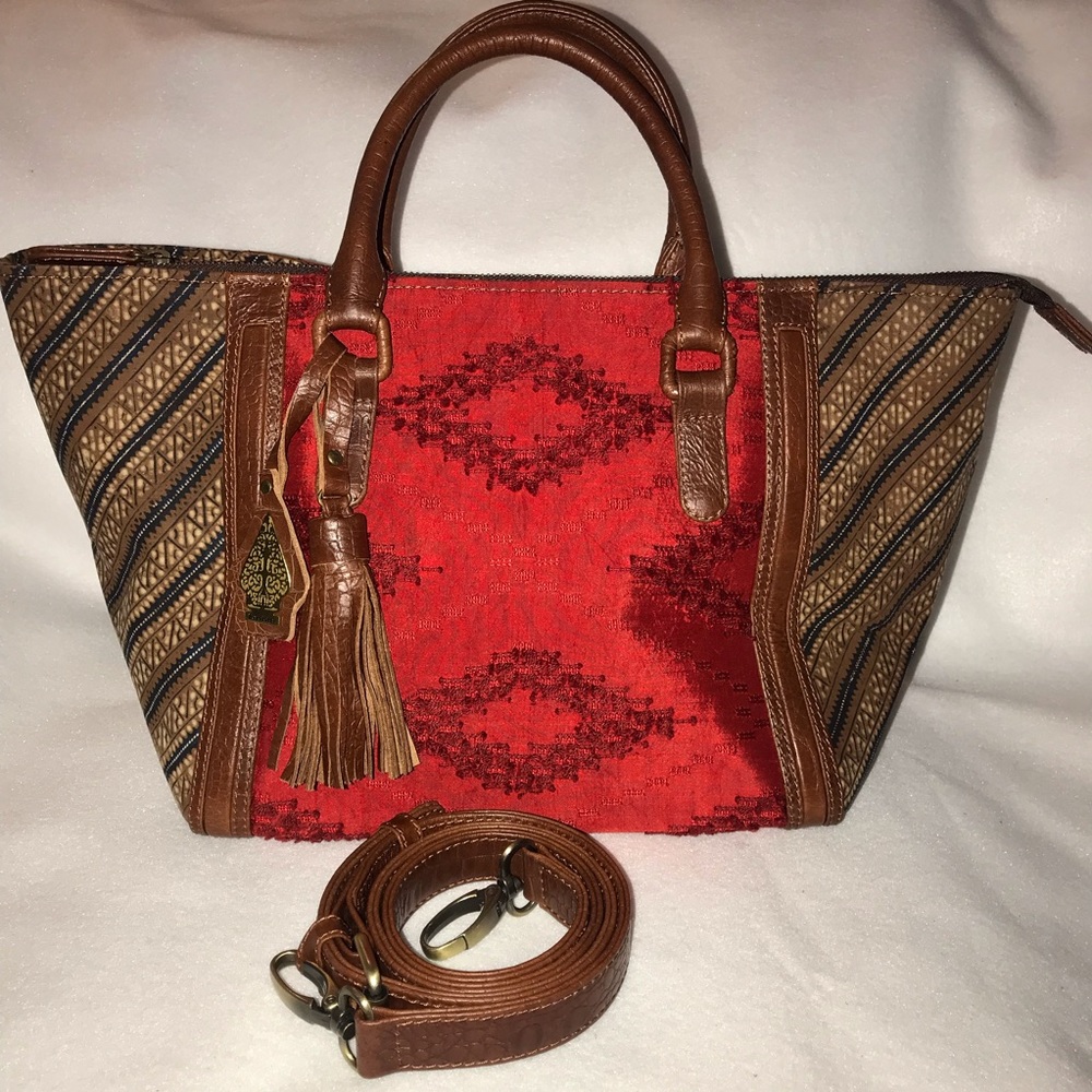 Brand new brown leather ethnic Batik Tote Bag